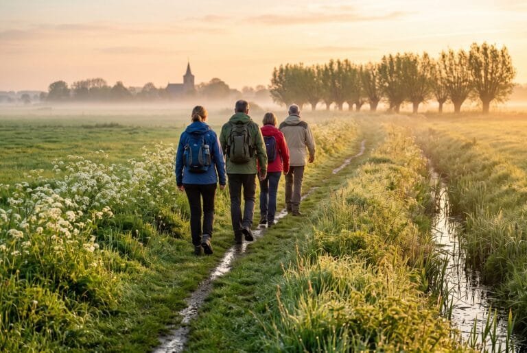 Groepje wandelaars loopt bij zonsopkomst over een graspad door een nat weiland met fluitenkruid