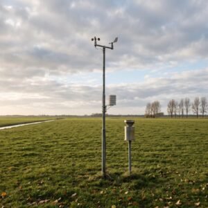 Weerstation met windmeter en regenmeter in een Hollands weiland onder een herfstlucht met wolken en laag zonlicht