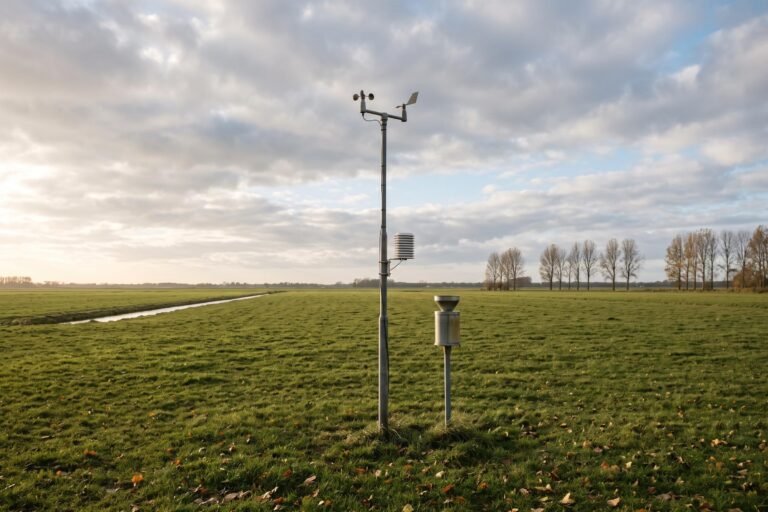 Weerstation met windmeter en regenmeter in een Hollands weiland onder een herfstlucht met wolken en laag zonlicht