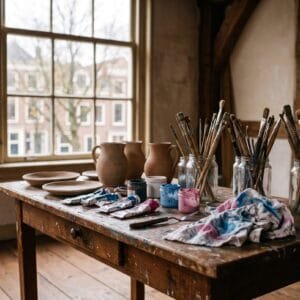 Werktafel in een atelier met kwasten in potten en tubes blauwe en roze verf naast onbeschilderde kannen van klei