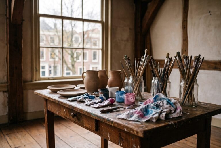 Werktafel in een atelier met kwasten in potten en tubes blauwe en roze verf naast onbeschilderde kannen van klei