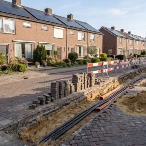Opengebroken woonstraat met nieuwe stroomkabels in de sleuf, voor rijtjeshuizen met zonnepanelen op het dak
