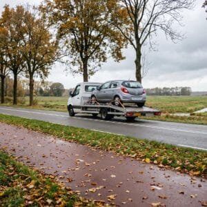 Zilvergrijze auto staat vastgesjord op een autoambulance op een provinciale weg met herfstbomen