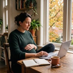 Zwangere vrouw werkt in de herfst aan de keukentafel met een laptop en een papieren agenda