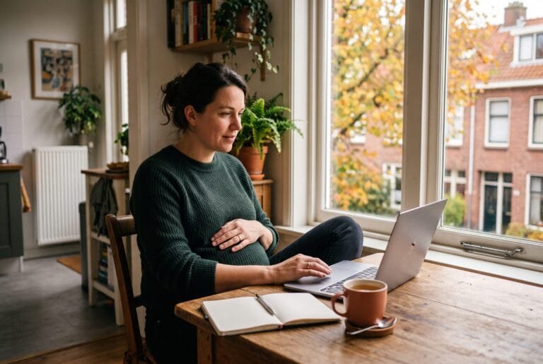 Zwangere vrouw werkt in de herfst aan de keukentafel met een laptop en een papieren agenda