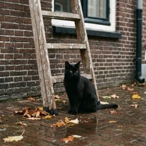 Zwarte kat zit op een stoep van klinkers onder een houten ladder tegen een bakstenen gevel